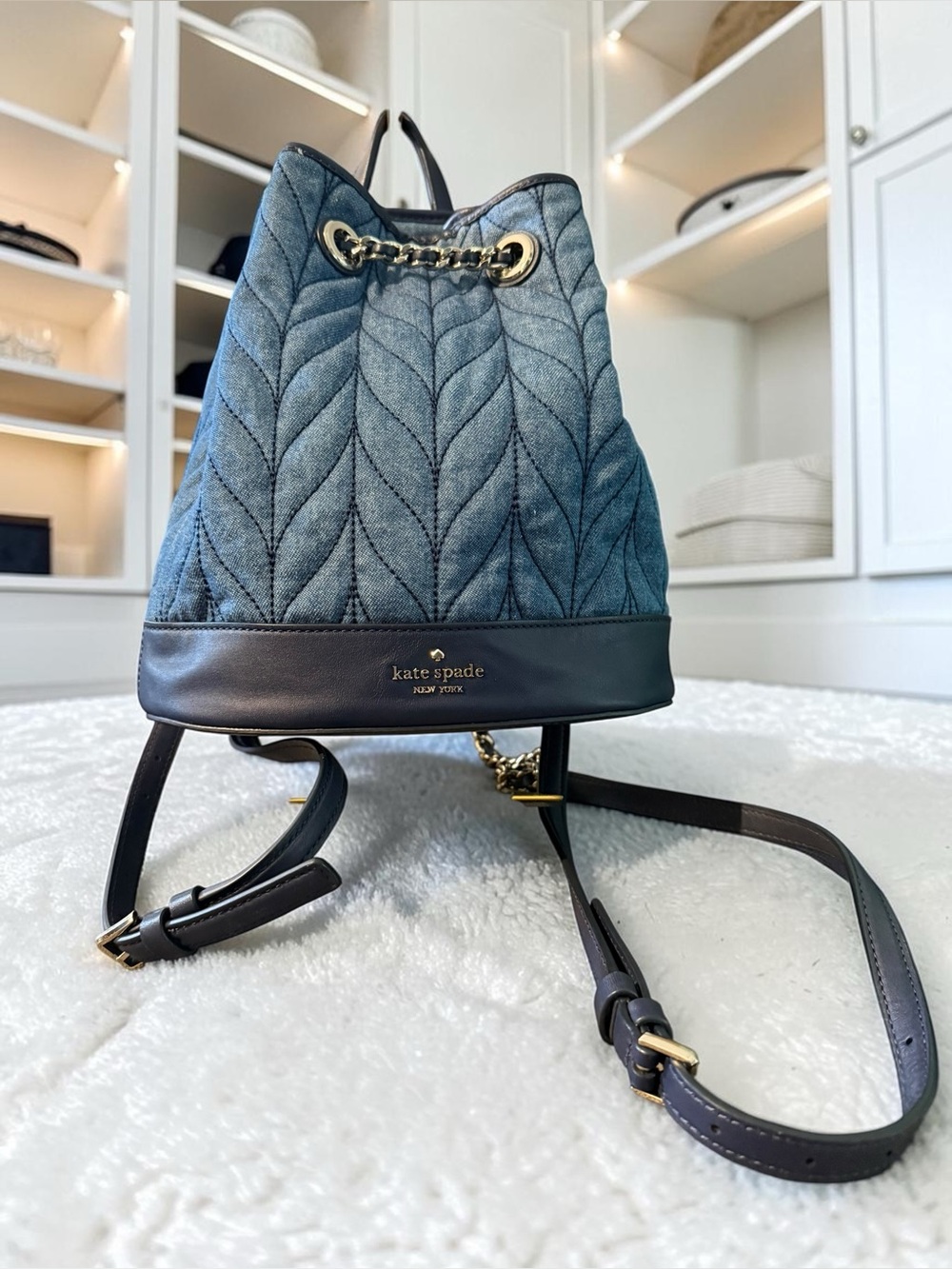 kate spade Quilted Denim Mini Backpack with Leather Trim in Blue